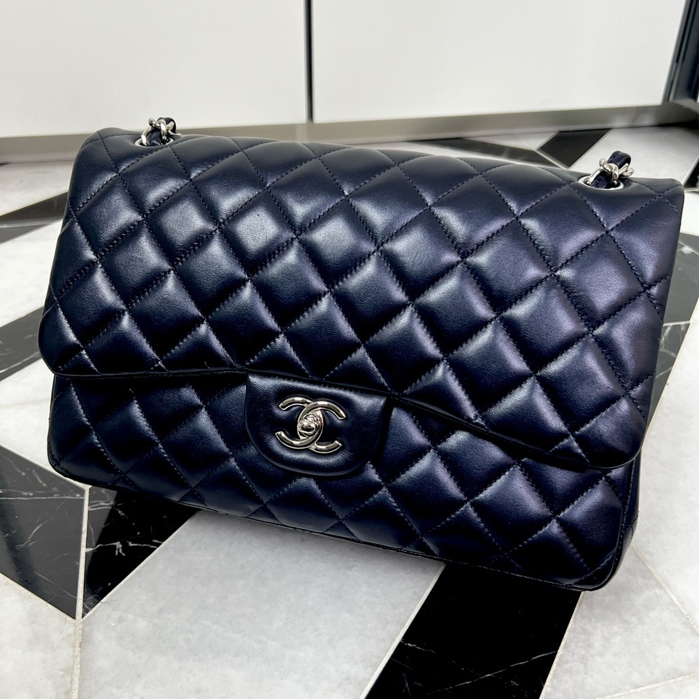 Chanel Jumbo Double Flap Bag in Iridescent Metallic Navy Blue